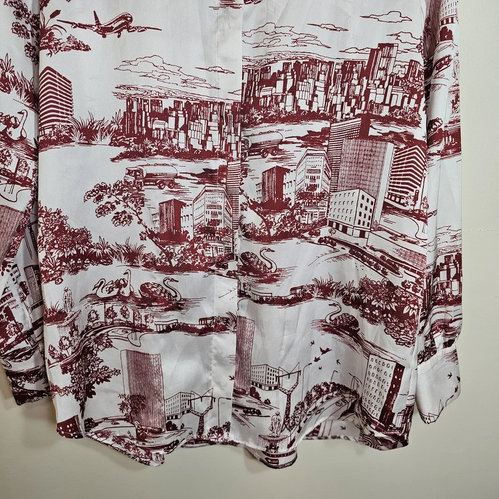 Zara Women’s White Red Toile Scenic Print Button-Down Blouse Size M Chic Classic - Picture 10 of 11